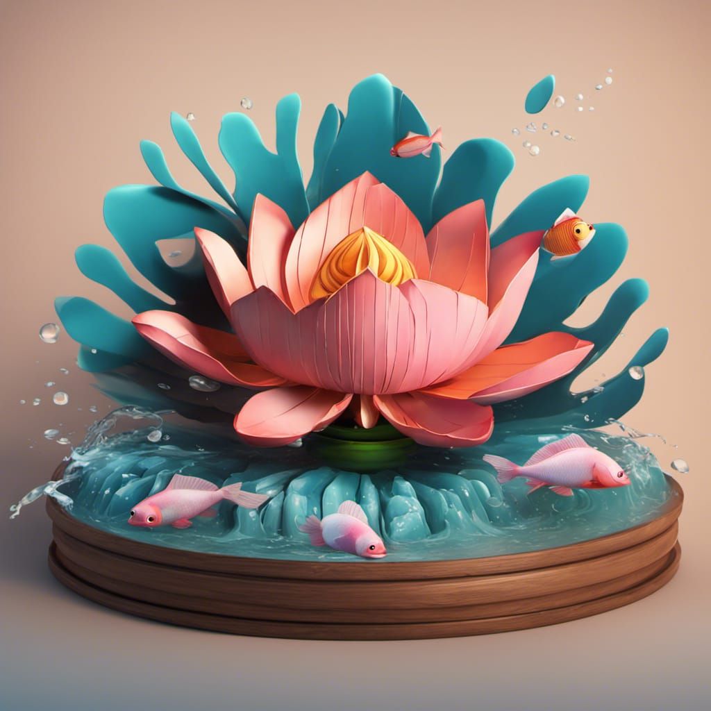 Fan, lotus, fish, water splashes, wooden, oriental