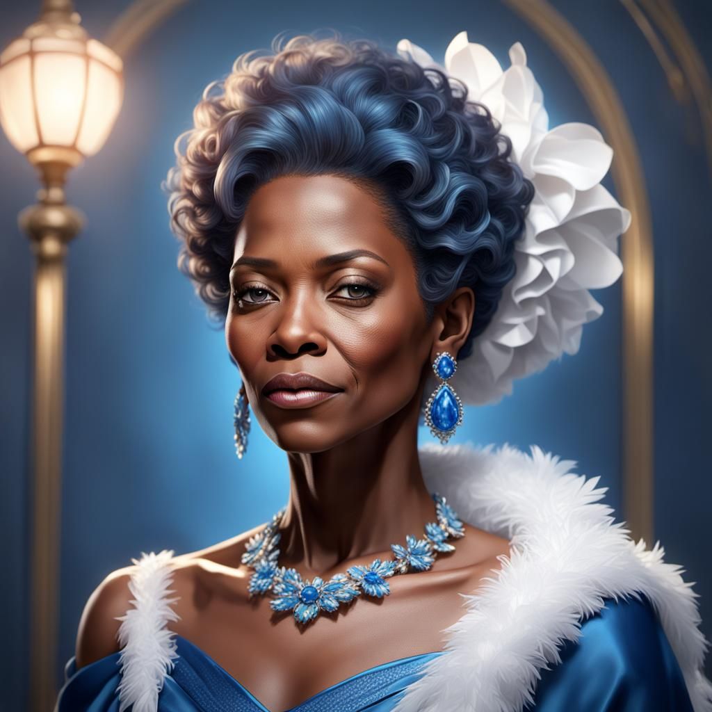 Elegant Portrait of Woman in Blue Dress, Art Nouveau Style