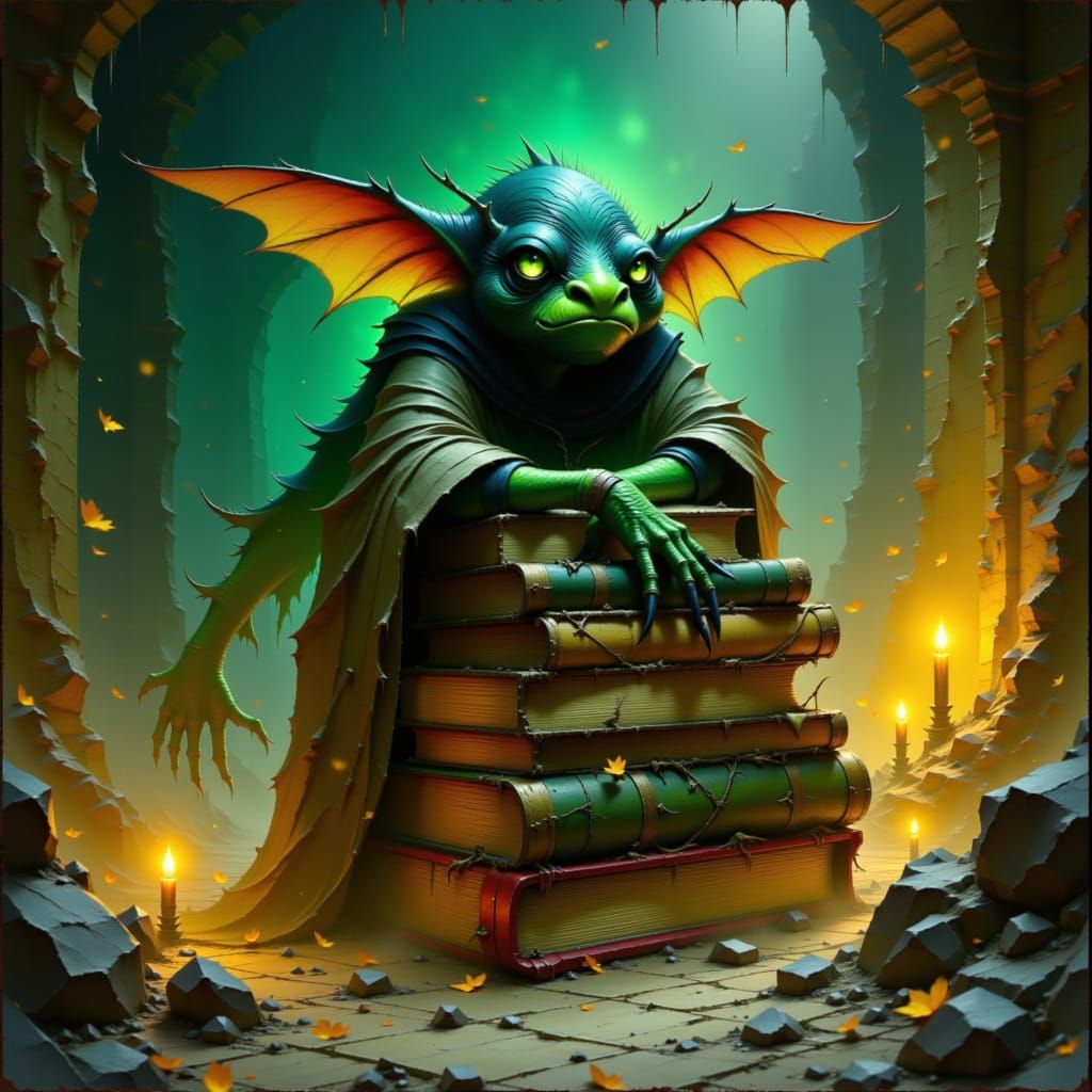 Gremlin in Library with Glowing Eyes, Dark Fantasy Art