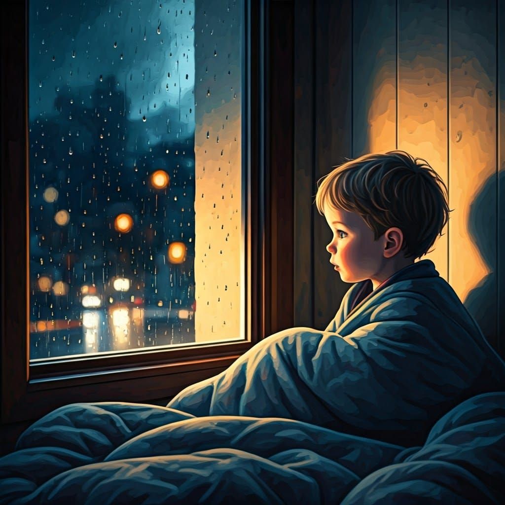 Cozy Rainy Night Scene with Boy in Acrylic Style