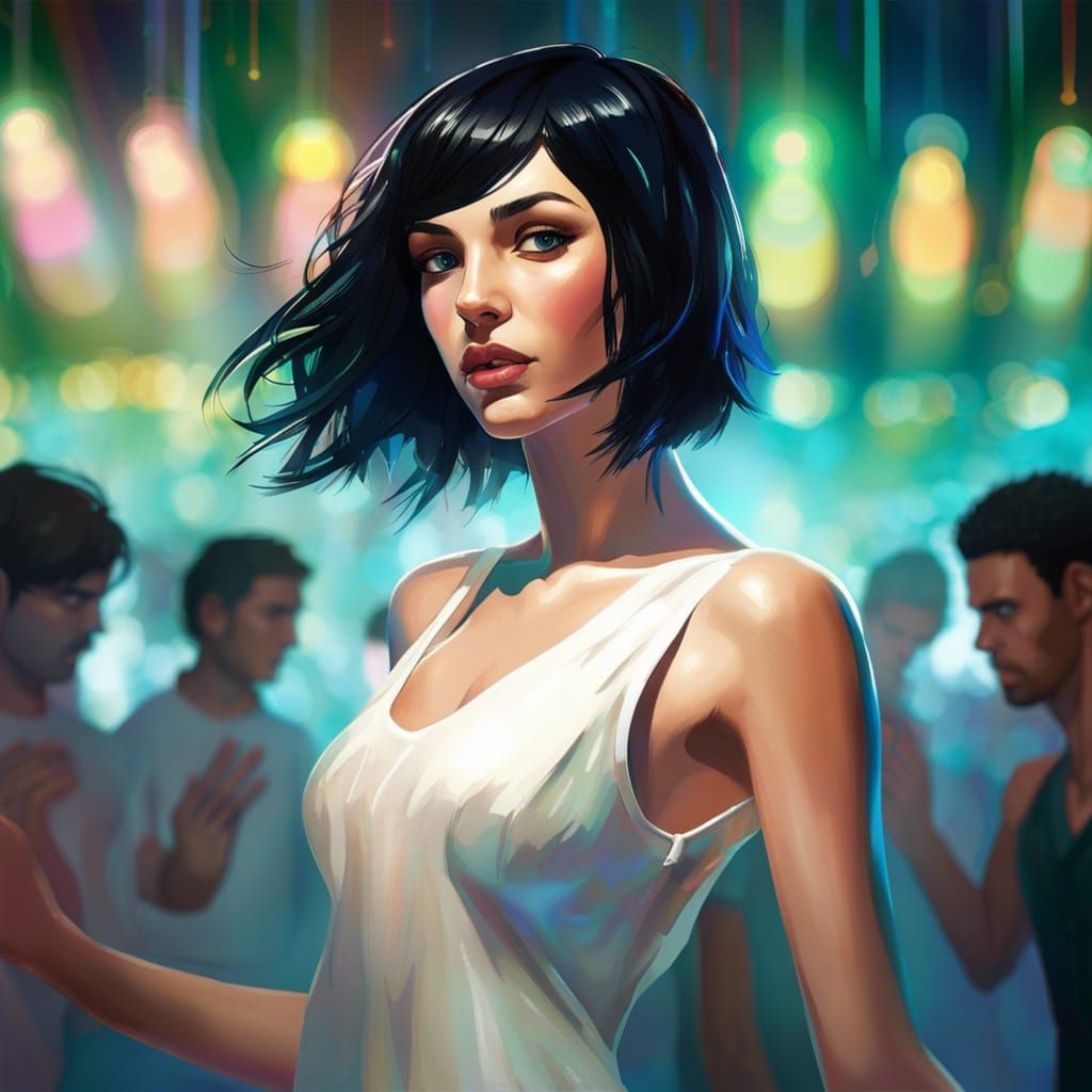 Woman Dancing in Nightclub, Hyperrealistic Splash Art