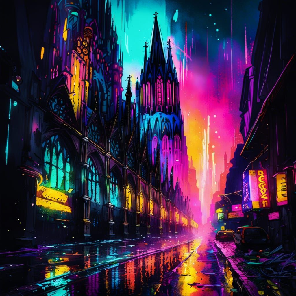 Cologne Cathedral in Post-Apocalyptic Neon Graffiti Style