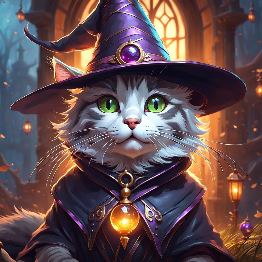 Adorable Witch Cat Portrait in Digital Art Style