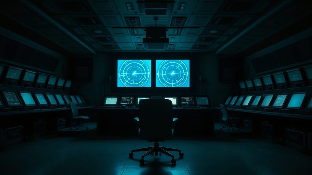 Gritty Military Command Center at Dusk, Abandoned and Dimly ...