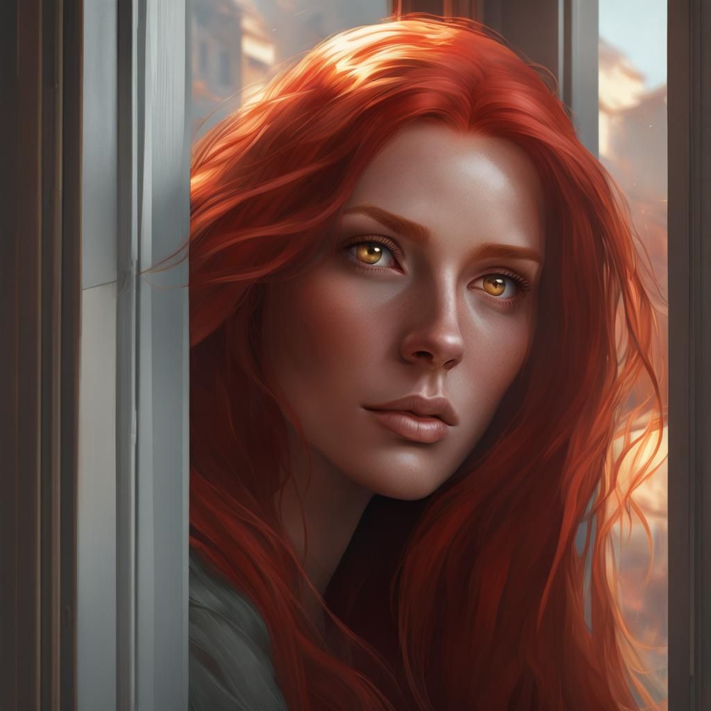 Woman with long red hair and hazel eyes gazing longingly out of a window