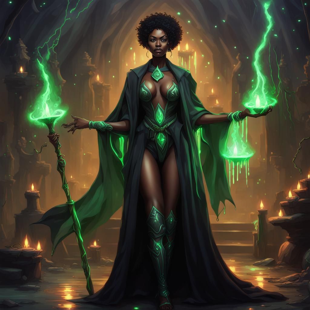 Powerful Black Warlock with Glowing Spell