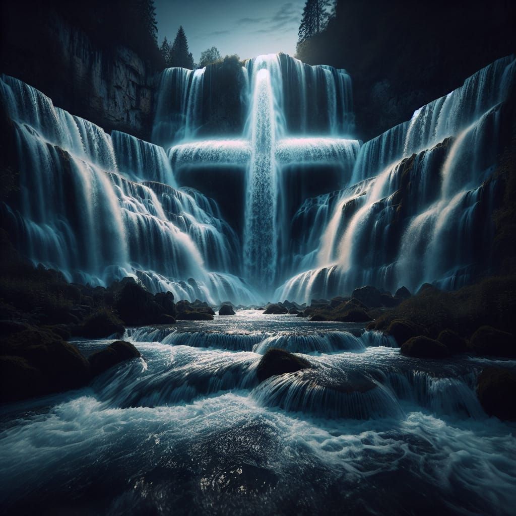 Night Waterfall Forming Cross in Hyperrealistic Detail
