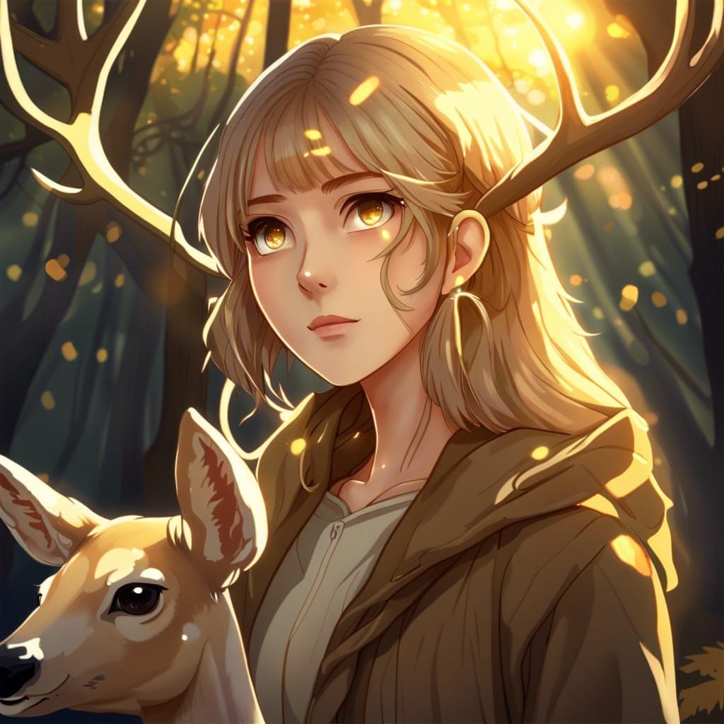 Woman with Deer in Forest: Anime Art Style