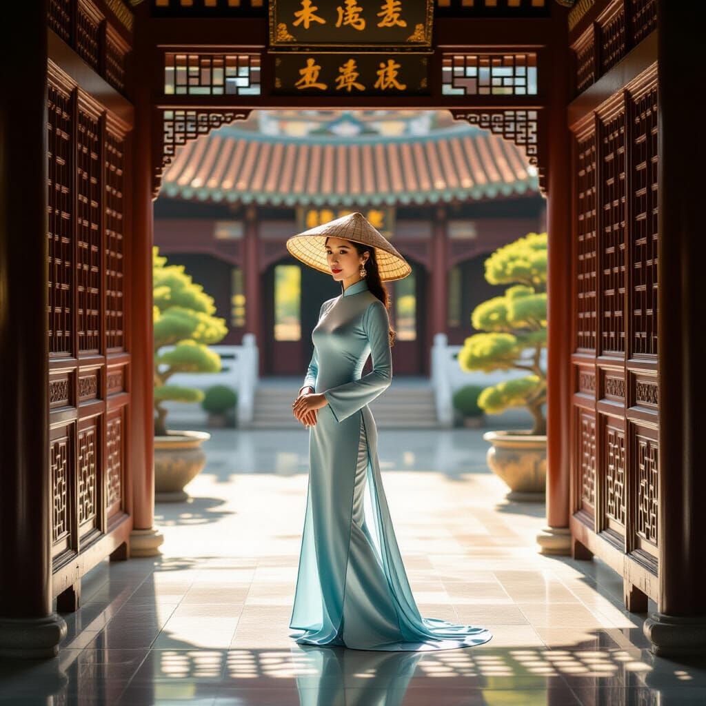 Vietnamese Woman in Ao Dai at Ancient Palace