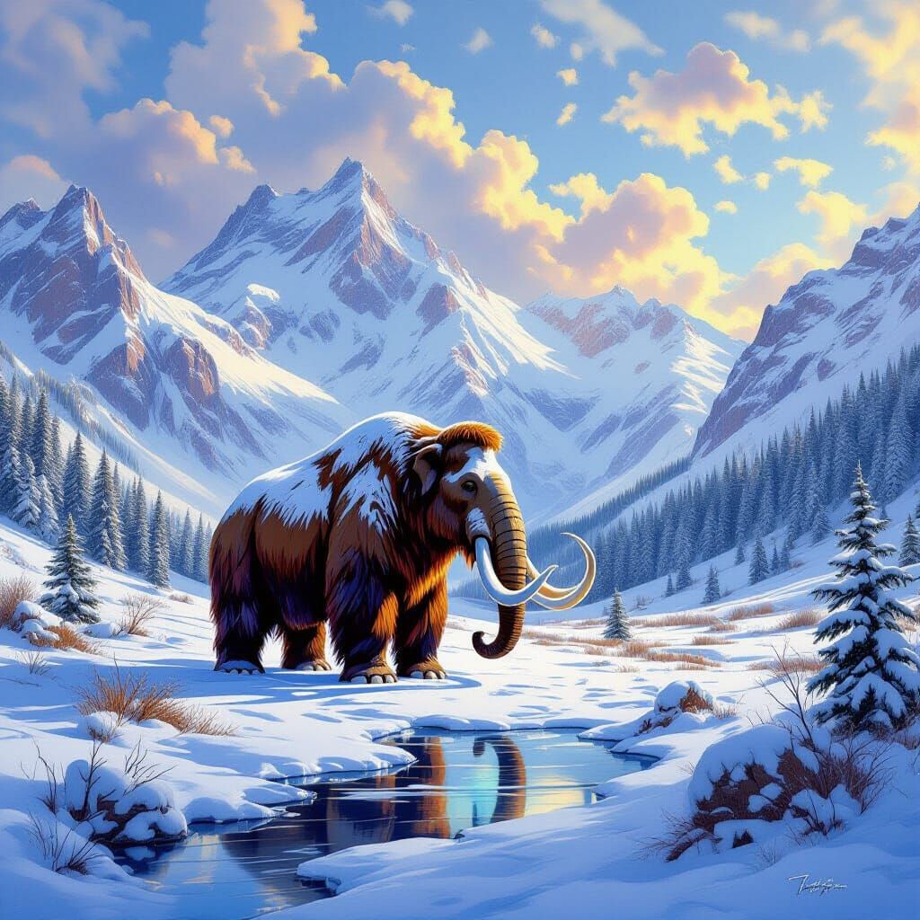 Woolly Mammoth in Snowy Valley: Photorealistic Style