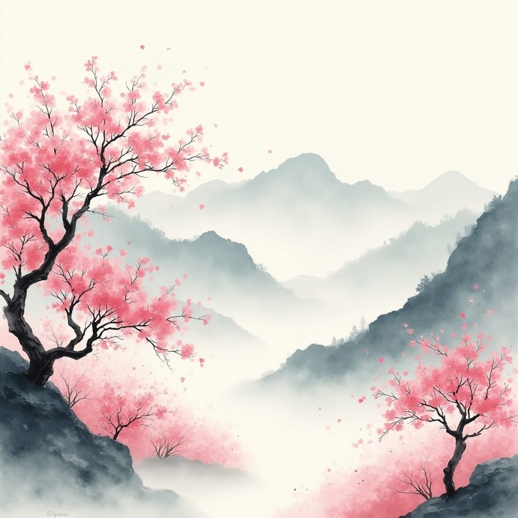 Japanese Cherry Blossom Landscape in Watercolor Style