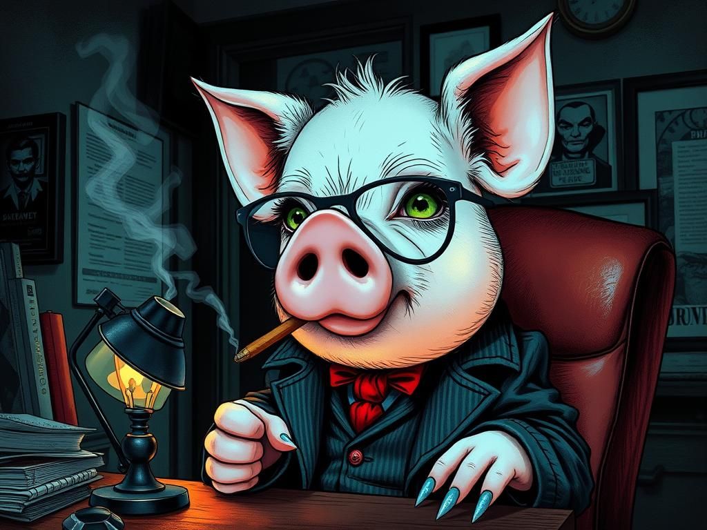 Chibi Pig Detective in Film Noir Style