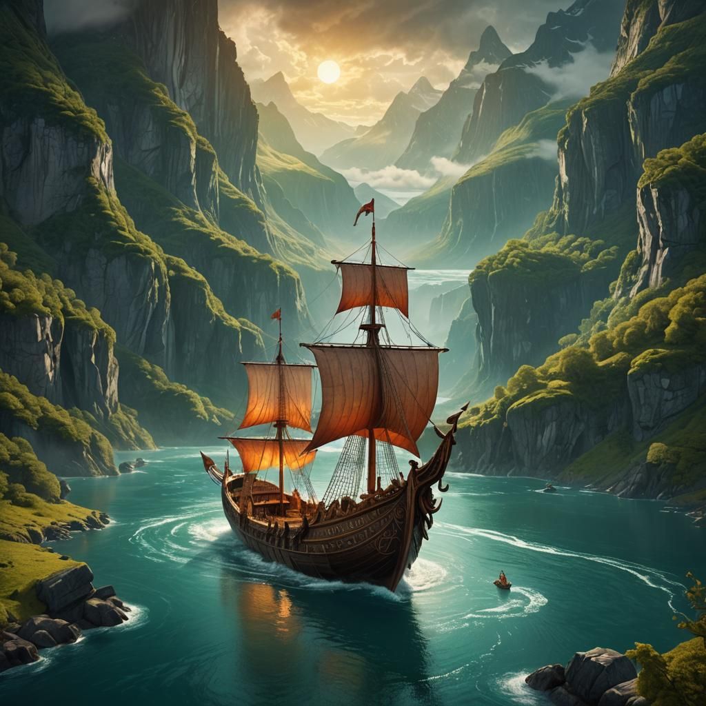 Viking Longboat in Mystical Fjord: Digital Matte Painting