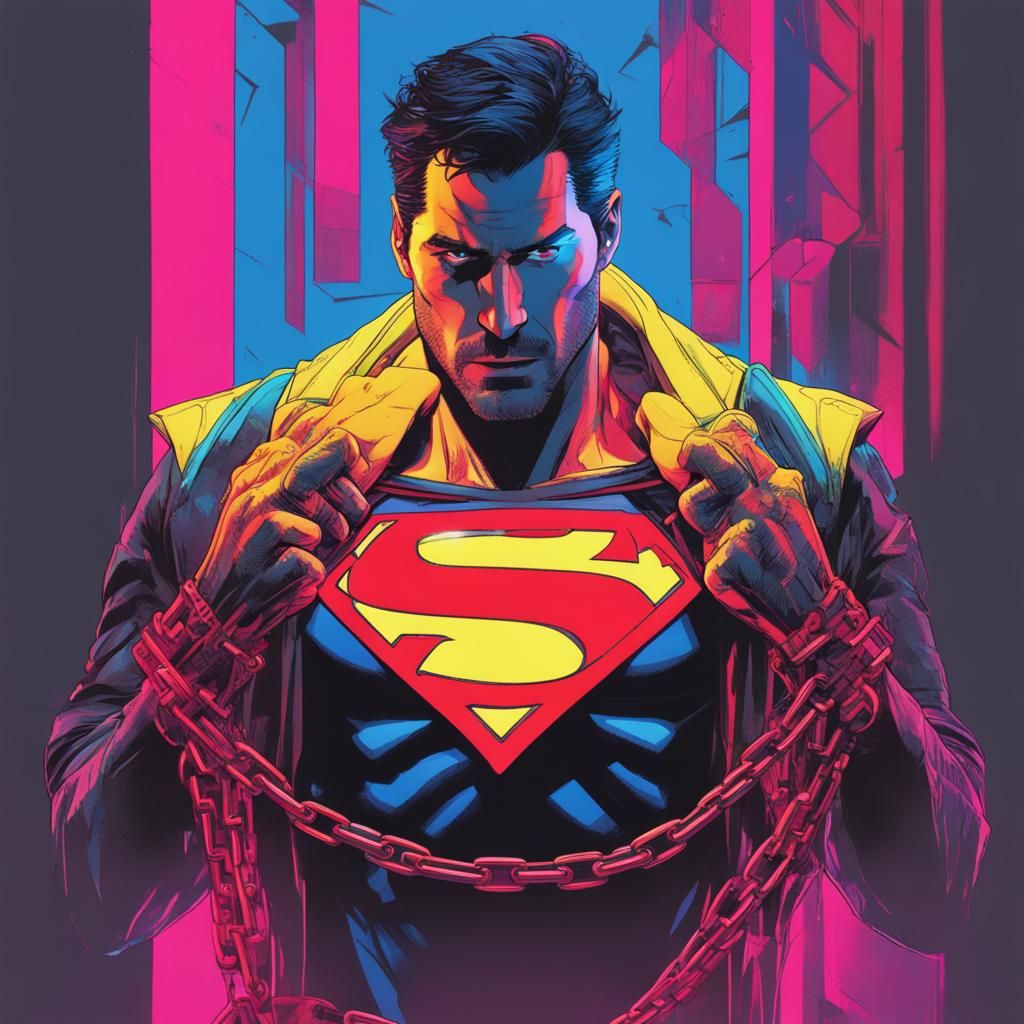 Cyberpunk Superman Breaking Chains in Neon City