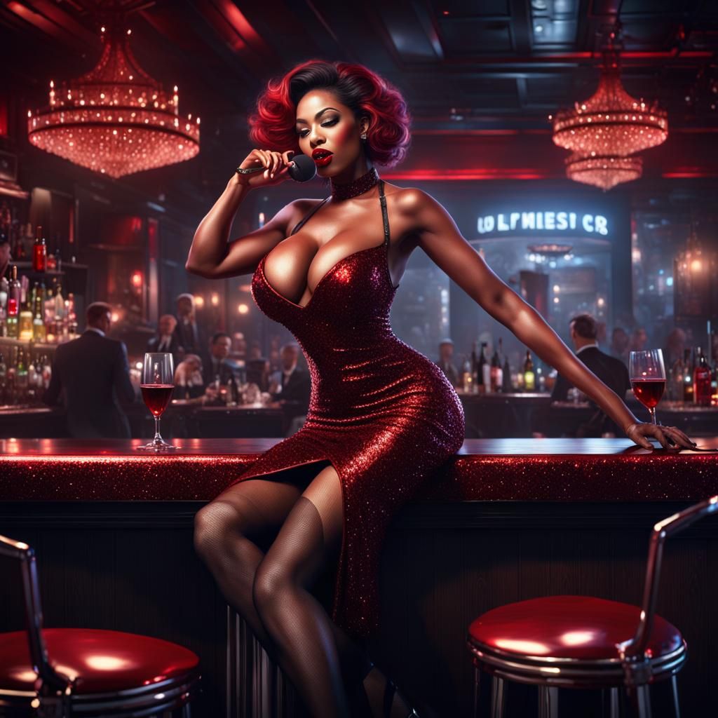 Seductive Jazz Singer in Red Dress, Digital Painting