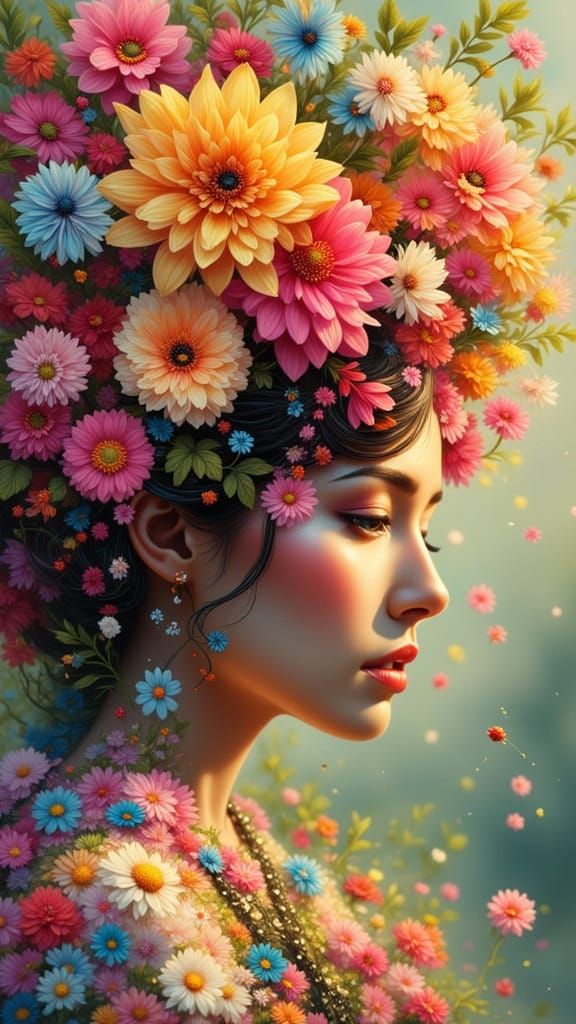 Vibrant Double Exposure Art: Woman and Flowers