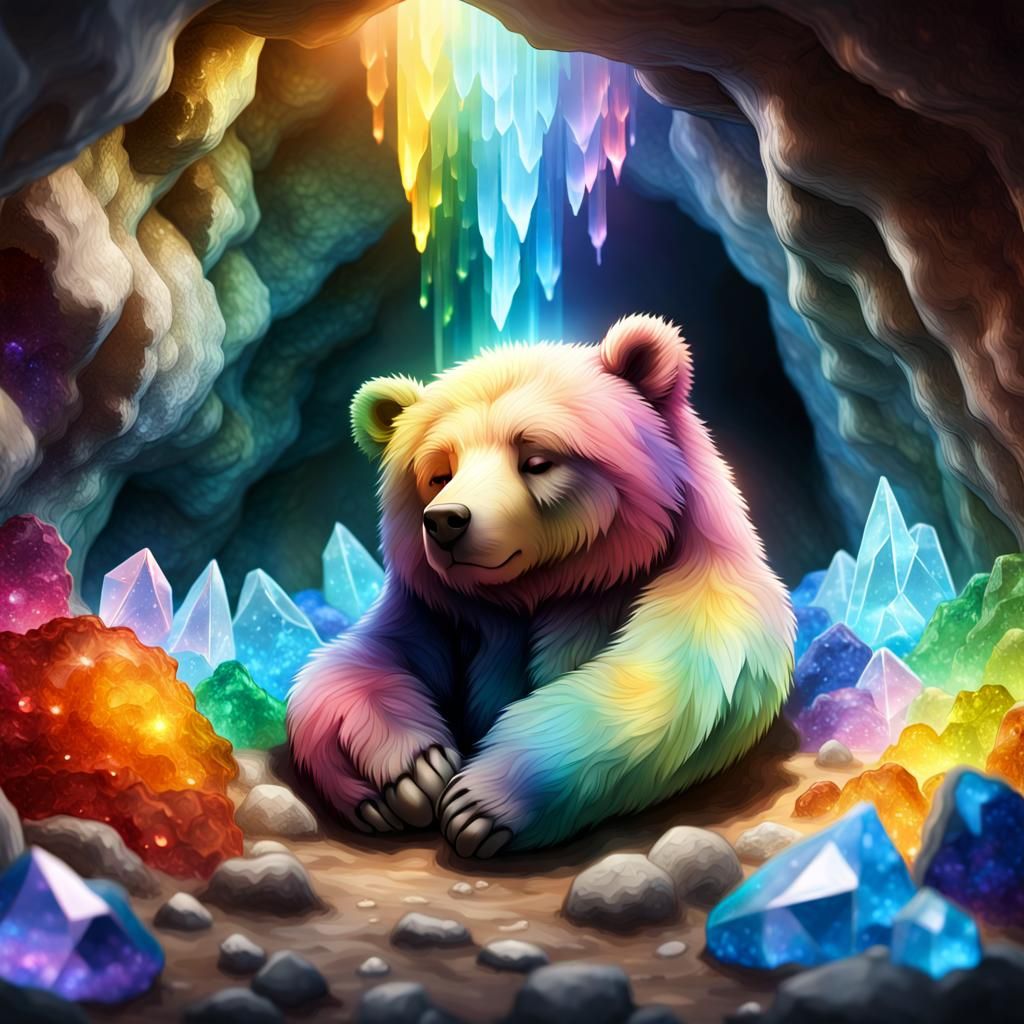 Rainbow Bear Asleep in Crystalline Cave: Chibi Style