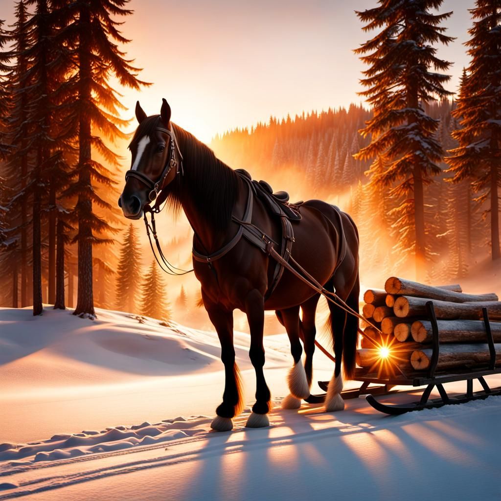 Hyperrealistic Horse and Sled at Sunset