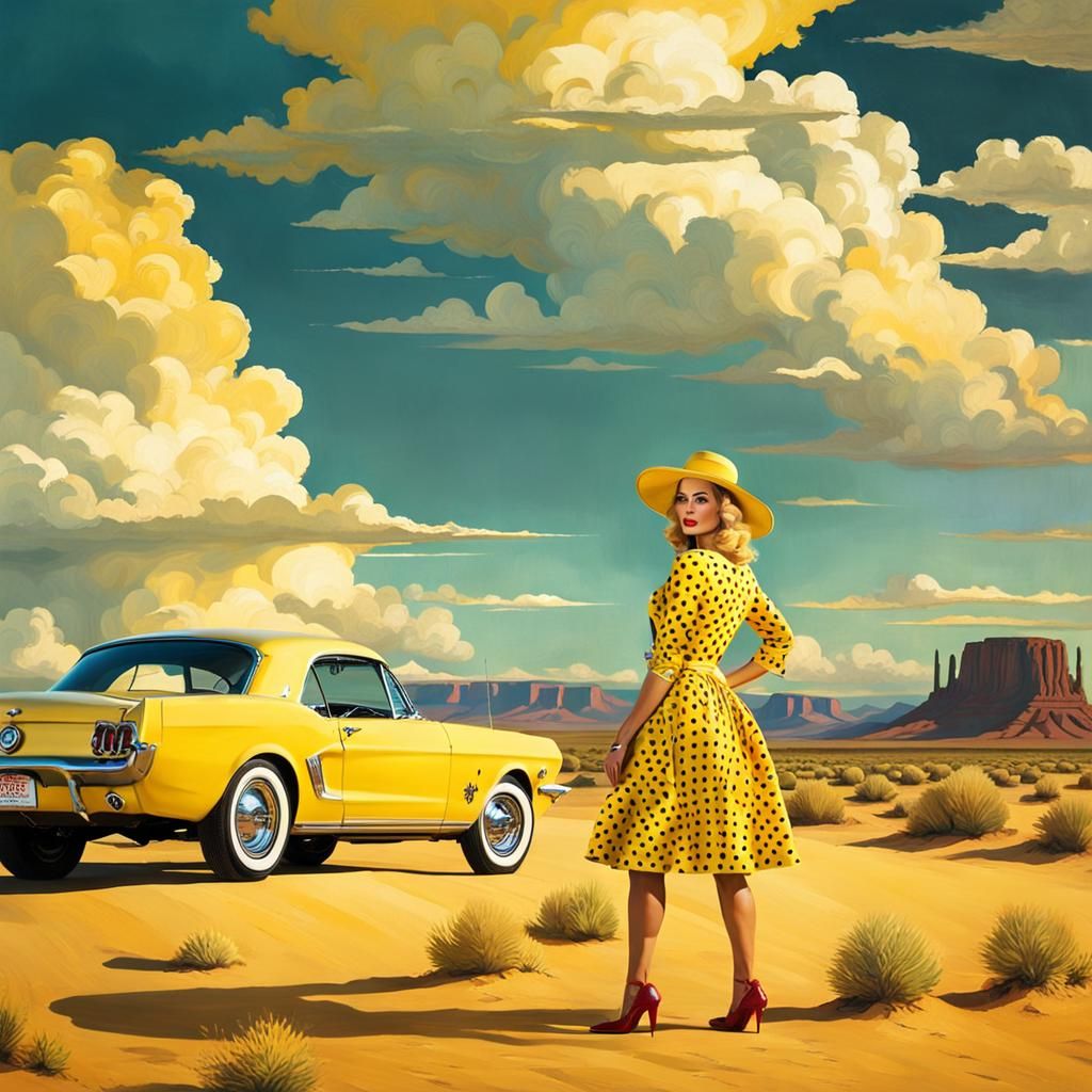 Retro Blonde in Yellow Desert with Mustang