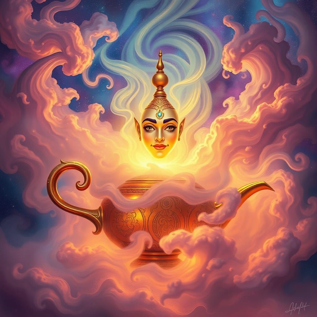 Genie Emerges from Lamp in Psychedelic Astral Art