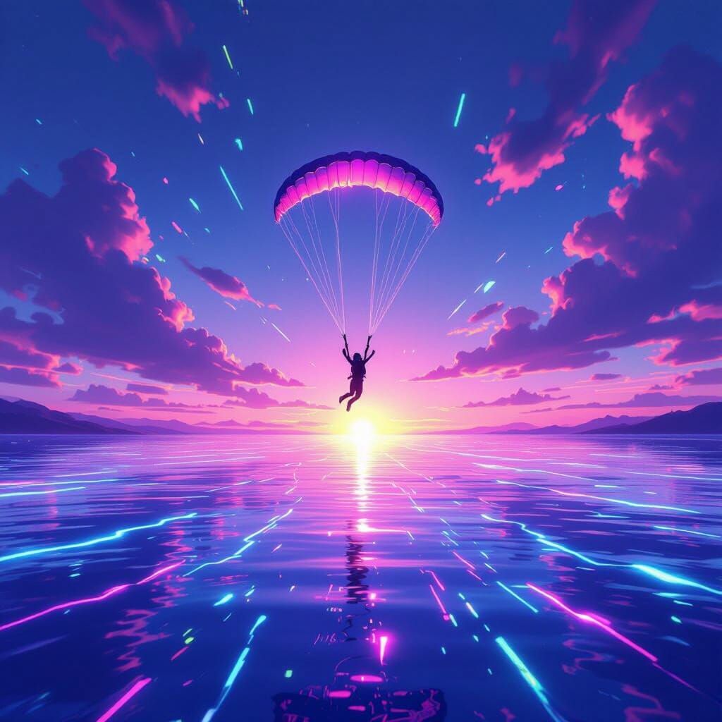 Skydiver Descends into Vibrant Neon Lake