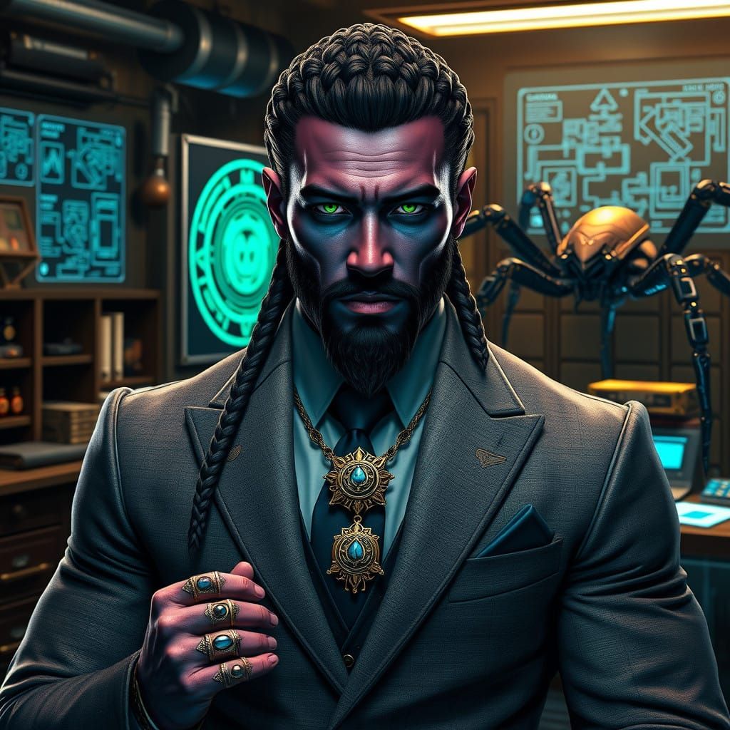 Cyberpunk Dwemer Warrior in Tamrielic Attire