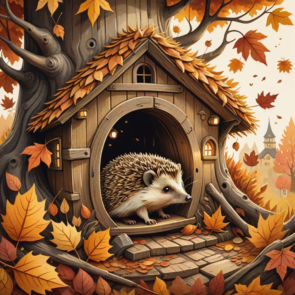 Cozy Woodland Cottage in a Tree Hollow, Whimsical Woodcut St...
