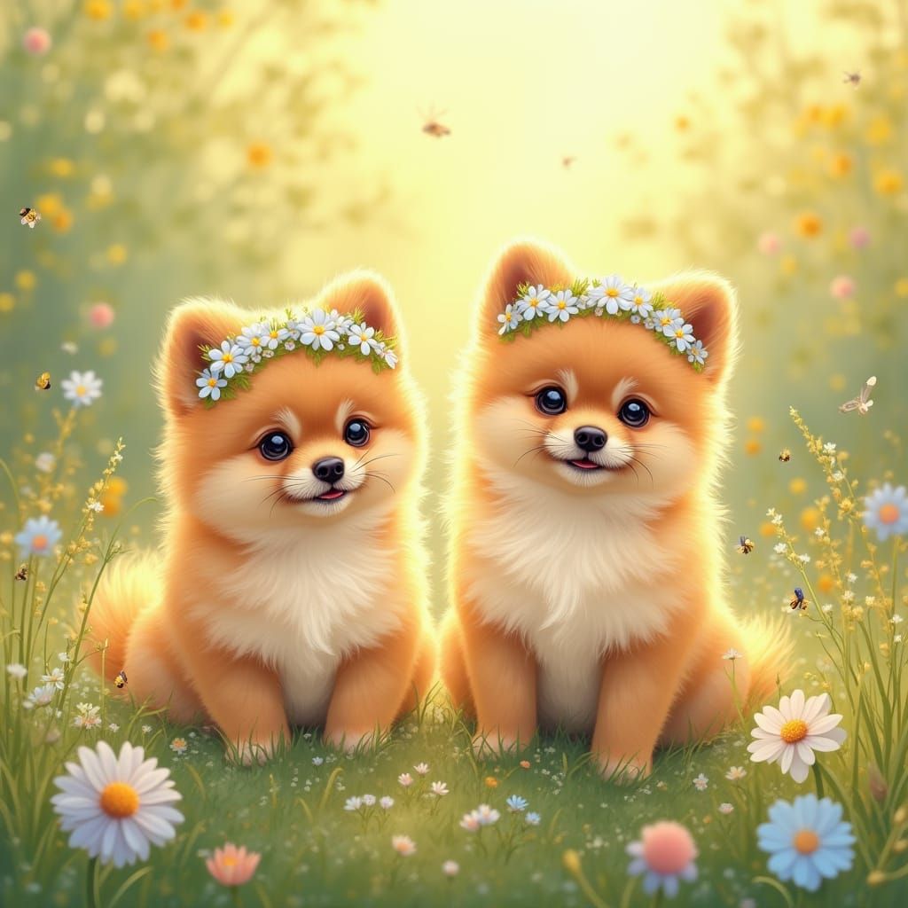 Pomeranian Puppies in Meadow, Pastel Children's Book Art