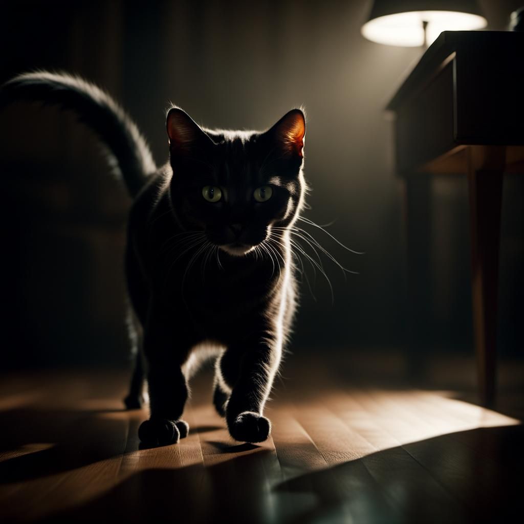 Cat Playing with String in Film Noir Style