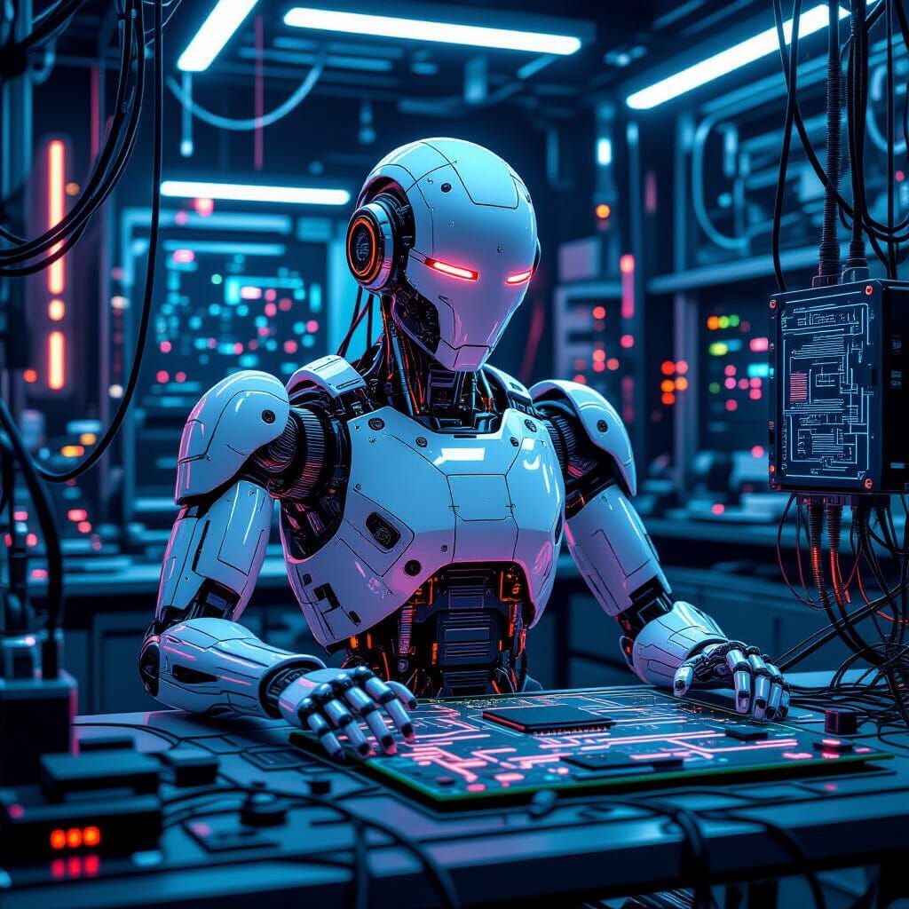 Cyberpunk Robot in Futuristic Lab with Neon Accents