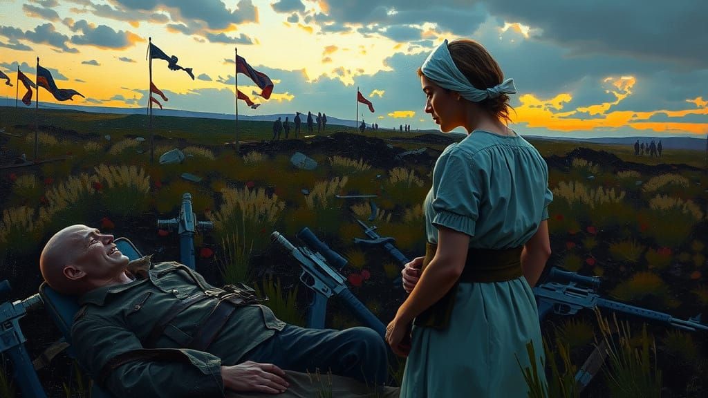 Contemplative Field Nurse on Dusk Battlefield