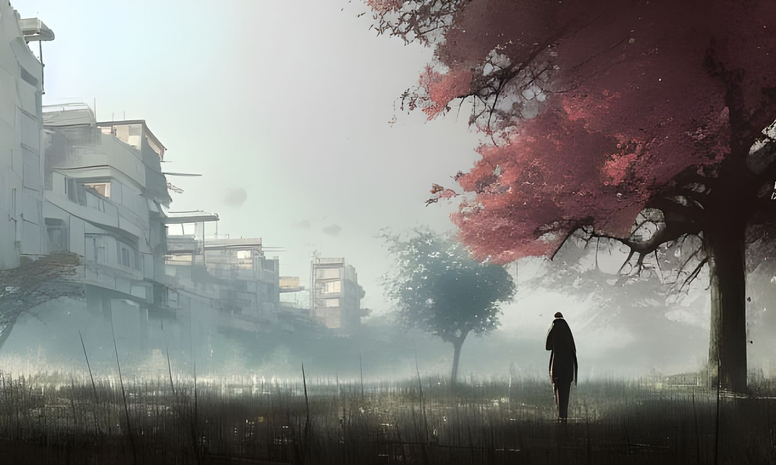 Sakura Tree in Post-Apocalyptic Dystopian Cityscape