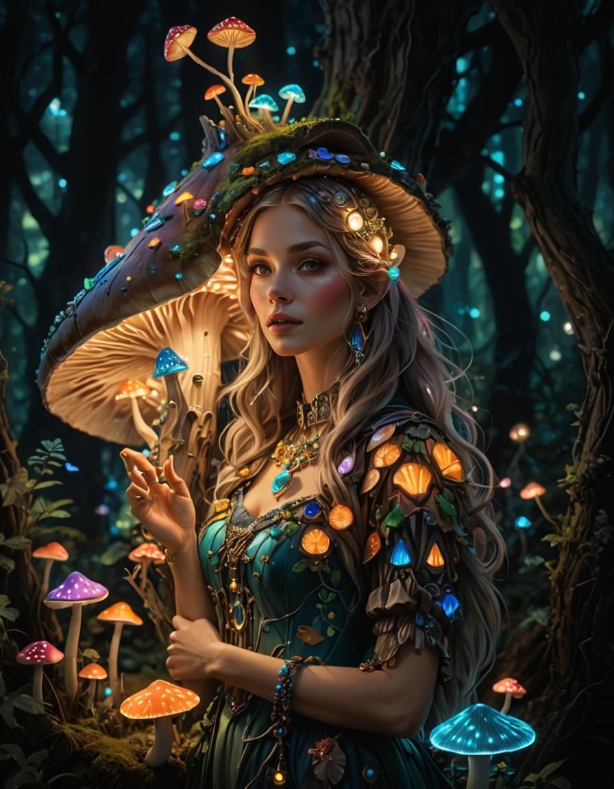 Enchanted Bioluminescent Forest with Fairy Mushroom House