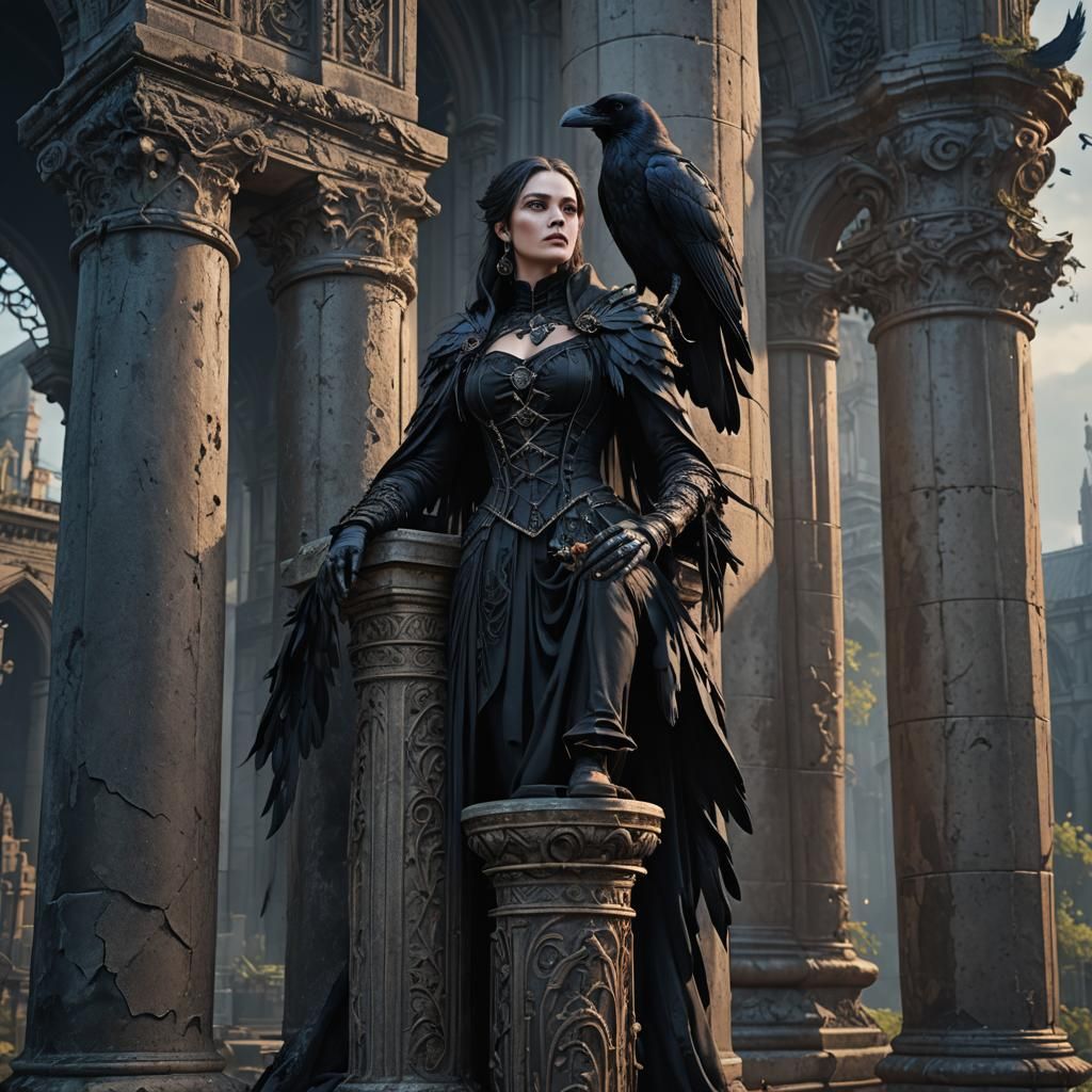 Gothic Woman with Raven, Detailed Fantasy Art