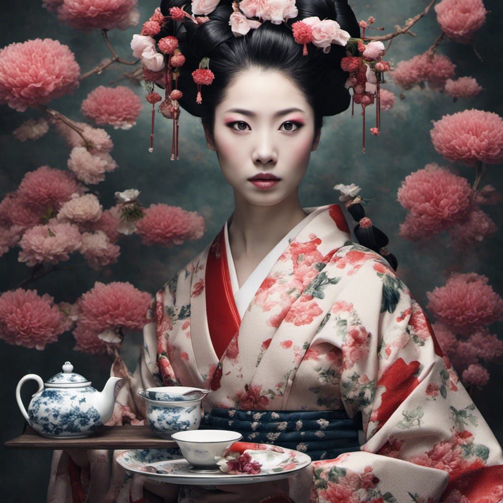 Hyperrealistic Geisha with Tea Service and Flowers