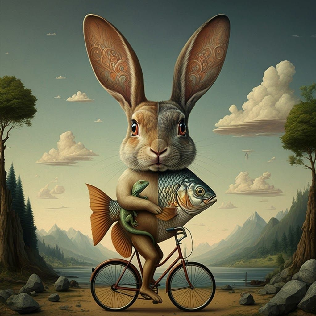 Enigmatic Creature Rides Bike Amidst Serene Landscape