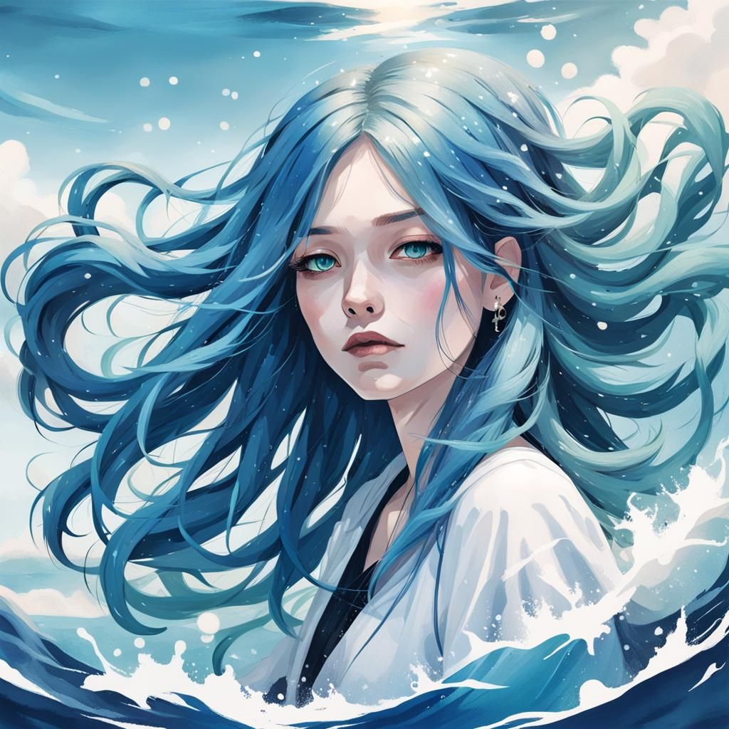 Girl with Flowing Blue Hair on Ocean
