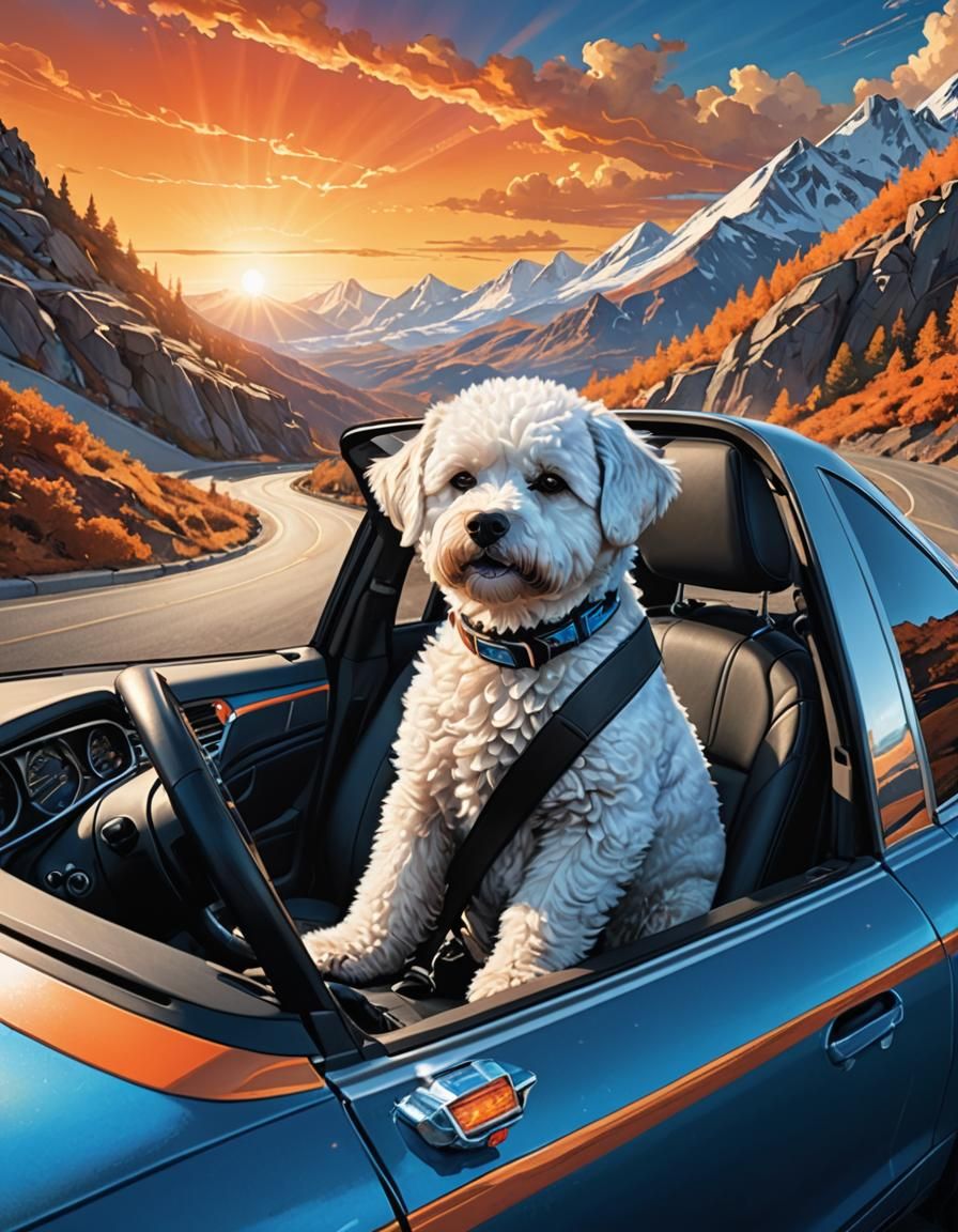 Bishon Frise Dog Driving Car, Fantasy Art