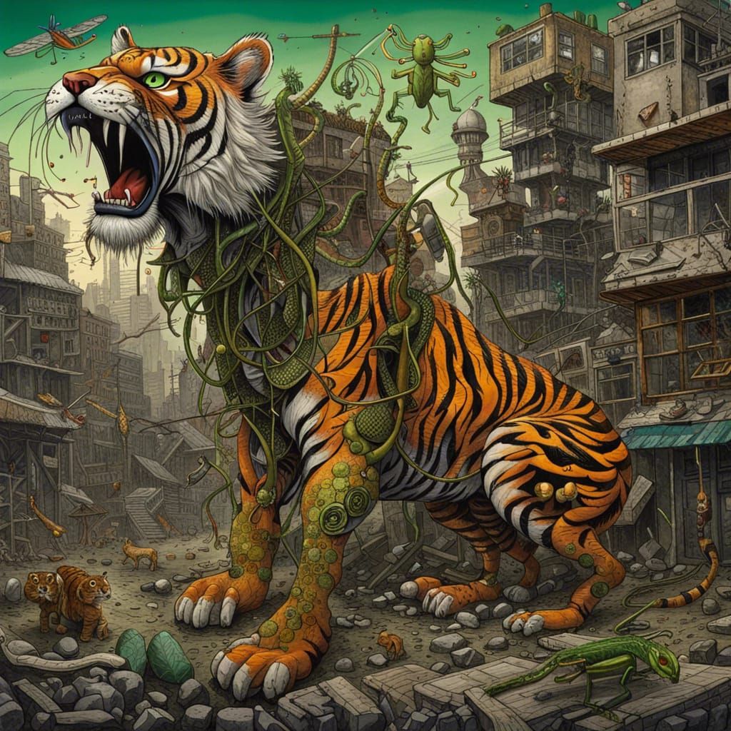 Surreal Tiger-Mantis Hybrid in Post-Apocalyptic City