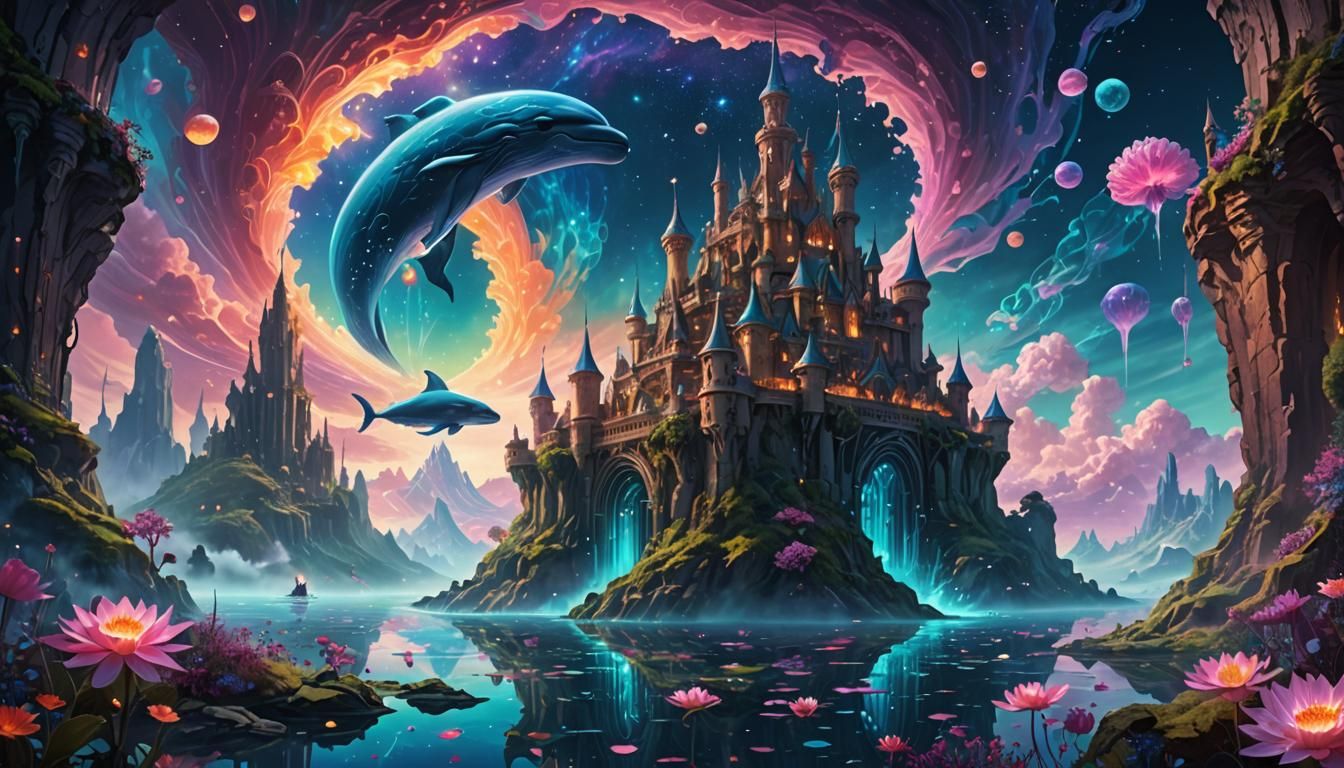 Ethereal Cyber-Fantasy Dreamscape with Floating Fortress