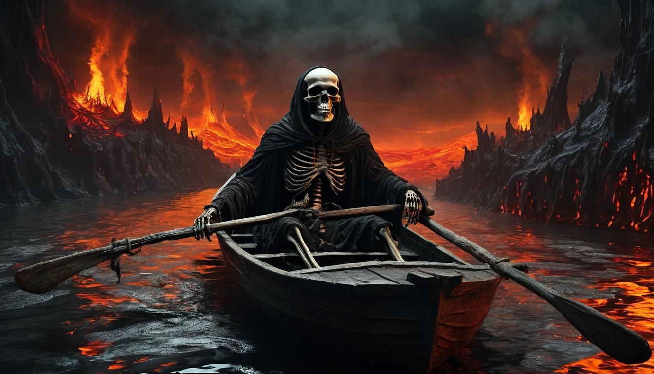 Fiery Ferryman Charon in the Underworld Vista