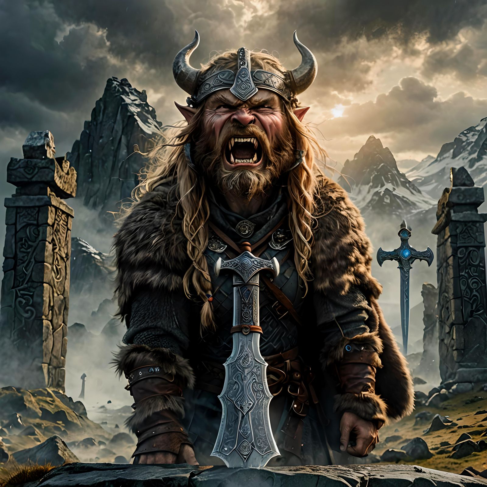 Viking Queen with Grizzly in Misty Landscape