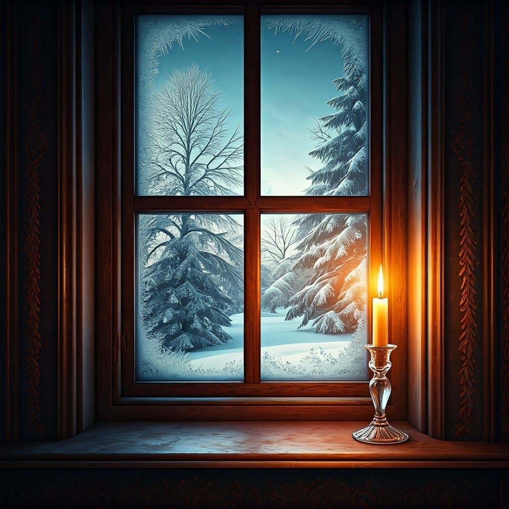 Winter Wonderland Scene with Frosty Window and Snowy Trees