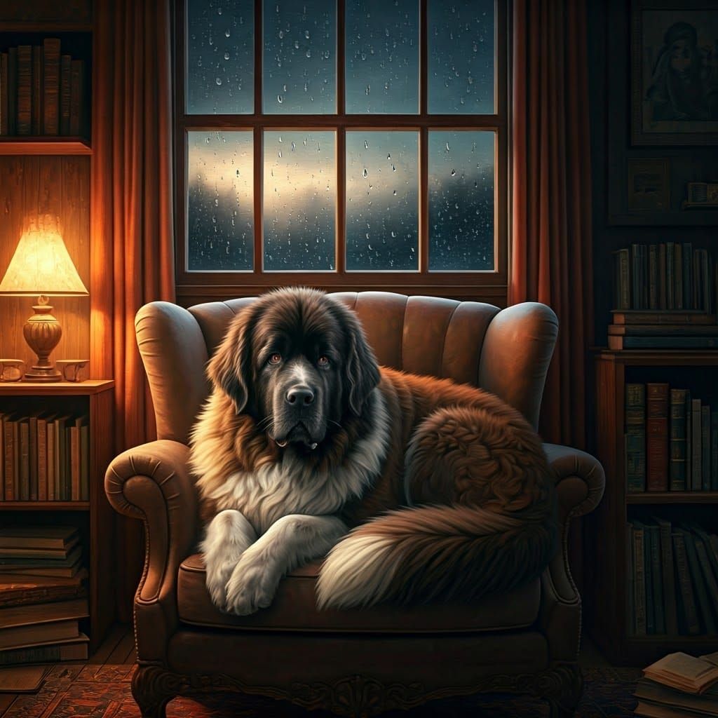 Cozy Rainy Night with Newfoundland Dog