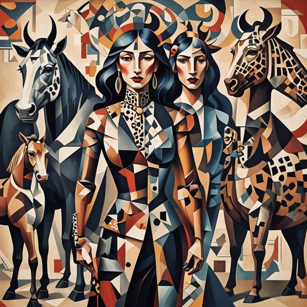 Cubist Painting of Animals and Woman in Neo-Cubism Style