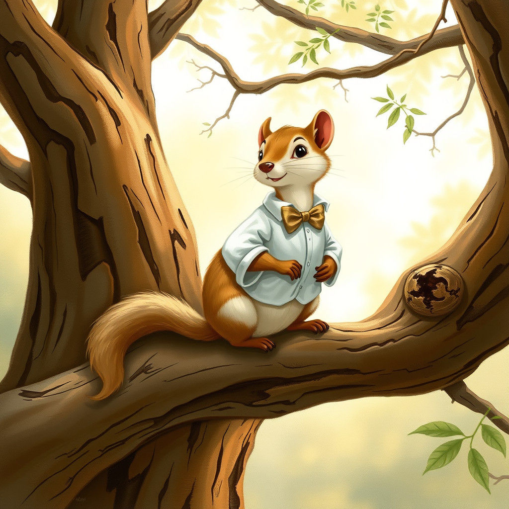 Dapper Weasel in Tree: A Whimsical Illustration