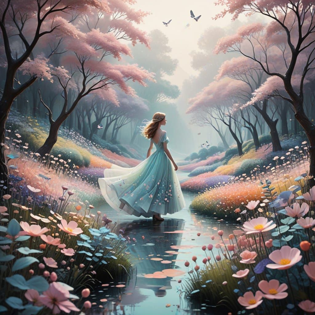 Dreamy Floral Landscape with Metallic Accents