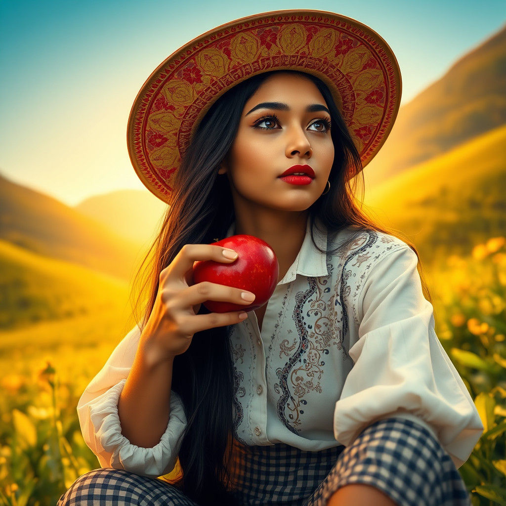 Indian Woman Eating Apple in Valley, Dreamy Digital Art