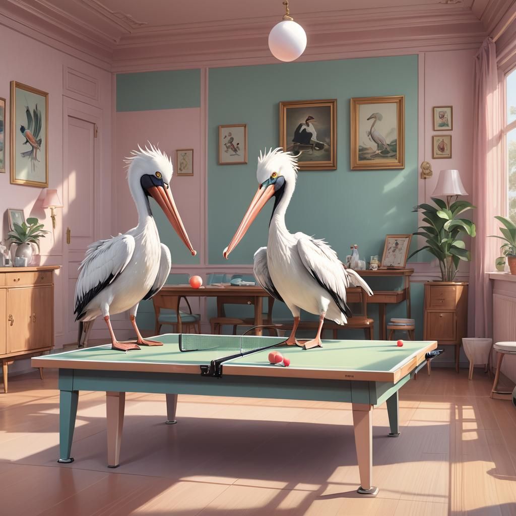 Pastel Pelicans Play Ping Pong in Retro Anime Style