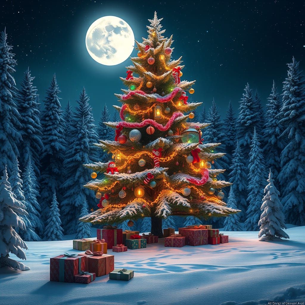 Winter Wonderland Scene under a Starry Night Sky